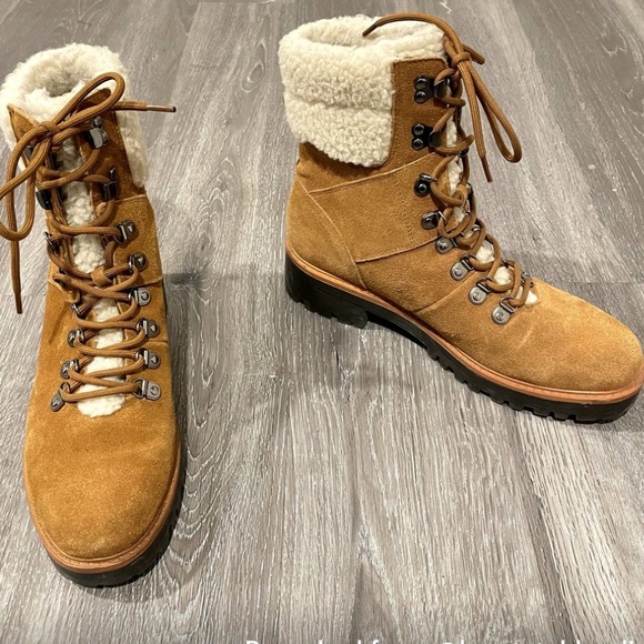 Marc Fisher Isalia Suede Lace Up Shearling Combat Boots Brown Tan 10 - Picture 3 of 8